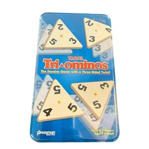 Pressman Travel Tri-ominos The Domino Game with a Three-Sided Twist Blue Tin NEW